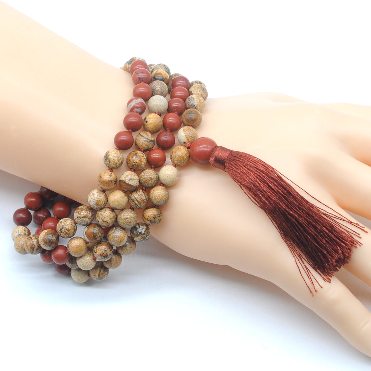 GMN352 Hand-Knotted Picture Jasper & Red Jasper 108 Beads Mala Necklace