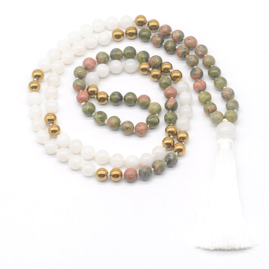 GMN353 Hand-Knotted Unakite, White jade & Hematite 108 Beads Mala Necklace