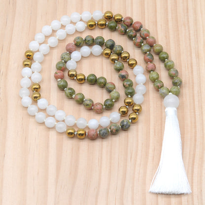 GMN353 Hand-Knotted Unakite, White jade & Hematite 108 Beads Mala Necklace