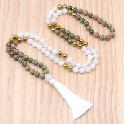 GMN353 Hand-Knotted Unakite, White jade & Hematite 108 Beads Mala Necklace