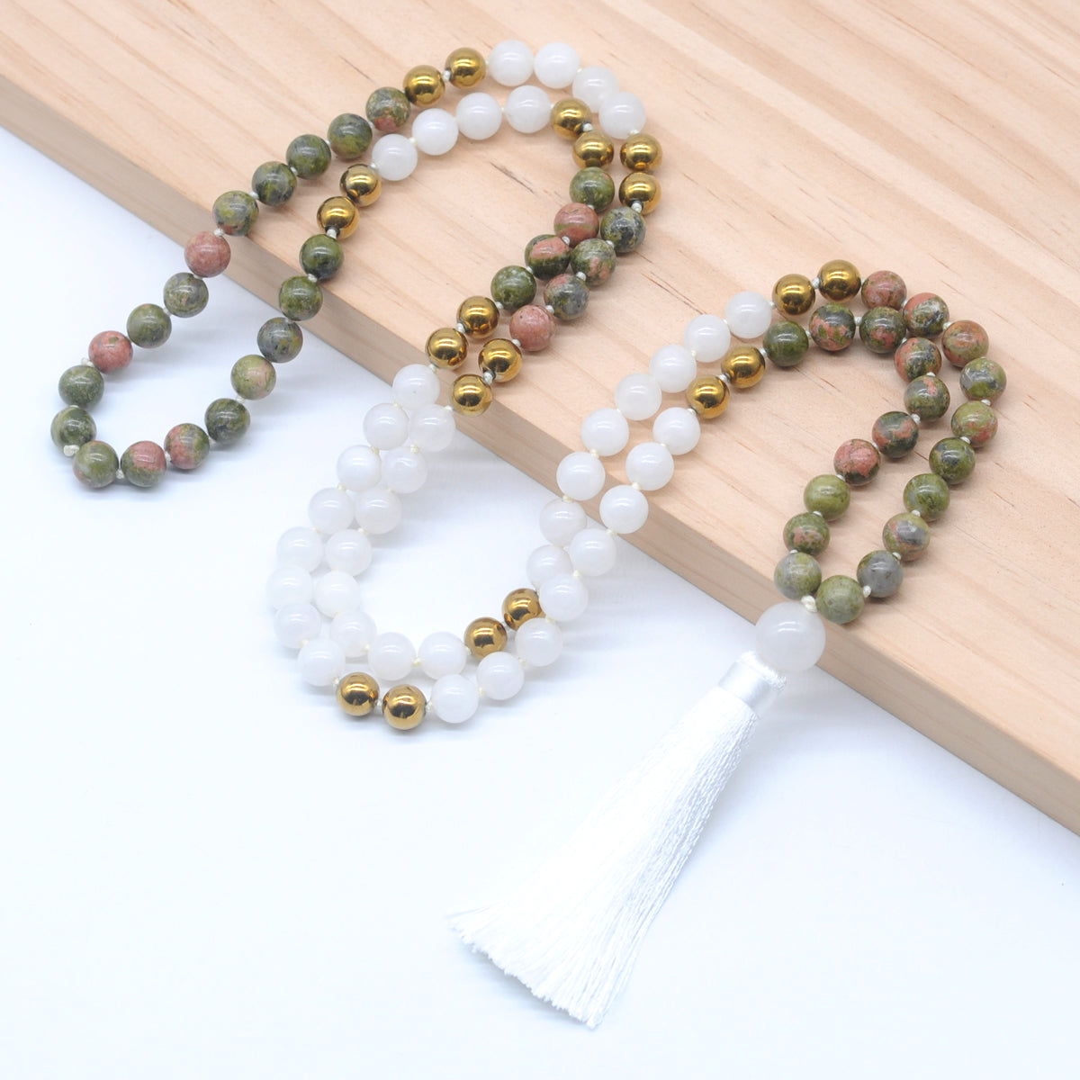 GMN353 Hand-Knotted Unakite, White jade & Hematite 108 Beads Mala Necklace