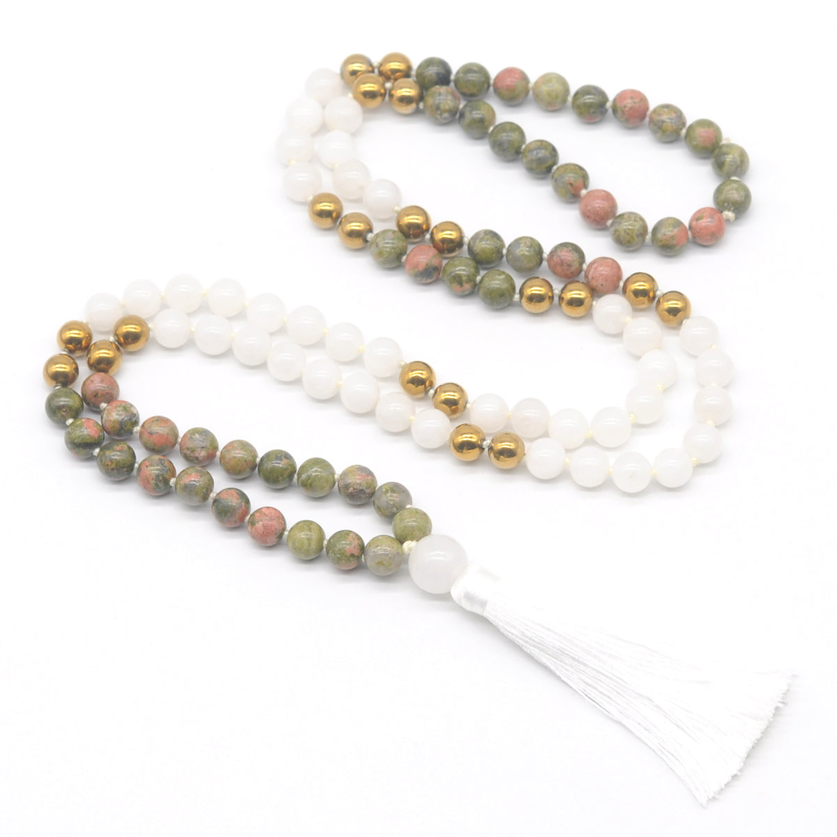 GMN353 Hand-Knotted Unakite, White jade & Hematite 108 Beads Mala Necklace