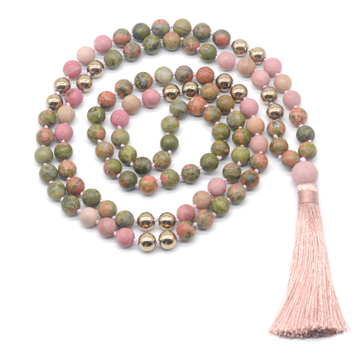 GMN354 Hand-Knotted matte unakite, pink wood jasper & hematite 108 Beads Mala Necklace