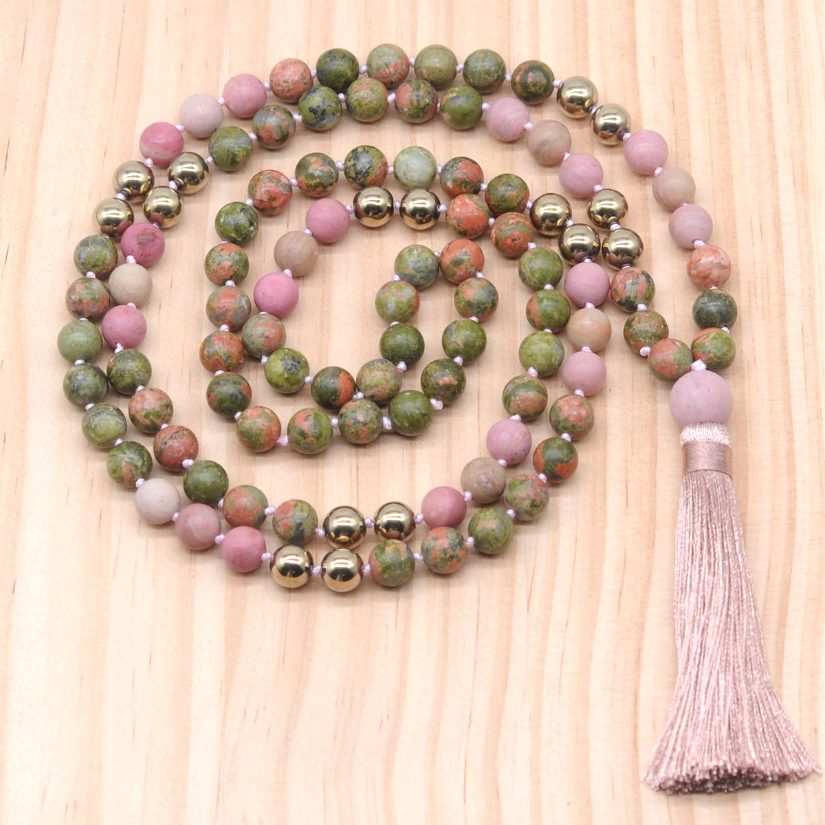 GMN354 Hand-Knotted matte unakite, pink wood jasper & hematite 108 Beads Mala Necklace