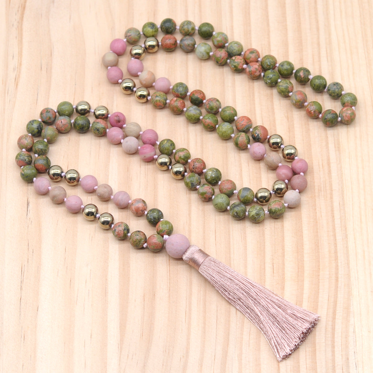 GMN354 Hand-Knotted matte unakite, pink wood jasper & hematite 108 Beads Mala Necklace