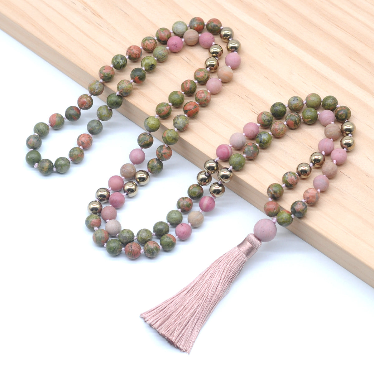 GMN354 Hand-Knotted matte unakite, pink wood jasper & hematite 108 Beads Mala Necklace