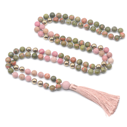 GMN354 Hand-Knotted matte unakite, pink wood jasper & hematite 108 Beads Mala Necklace