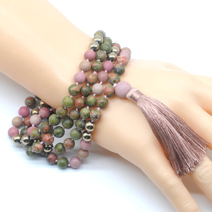 GMN354 Hand-Knotted matte unakite, pink wood jasper & hematite 108 Beads Mala Necklace