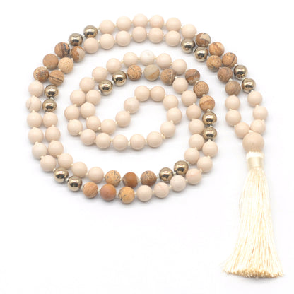 GMN355 Hand-Knotted White Fossil Jasper, Picture Jasper & Hematite 108 Beads Mala Necklace