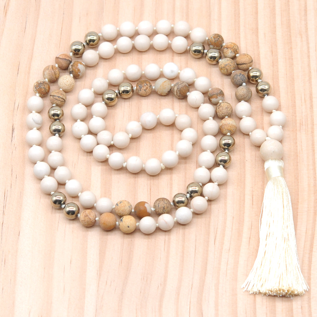 GMN355 Hand-Knotted White Fossil Jasper, Picture Jasper & Hematite 108 Beads Mala Necklace