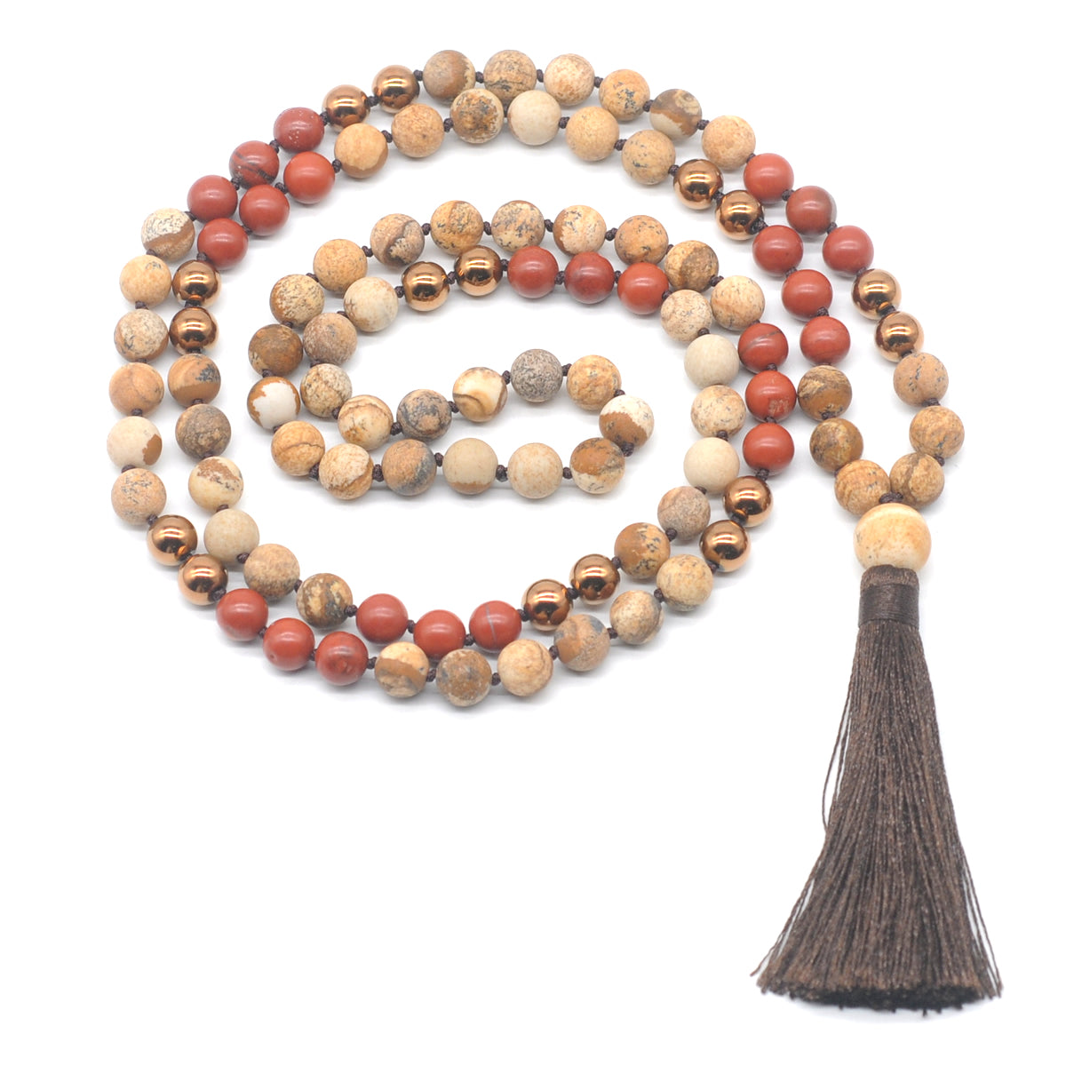 GMN356 Hand-Knotted Matte Picture Jasper, Red Jasper & Hematite 108 Beads Mala Necklace