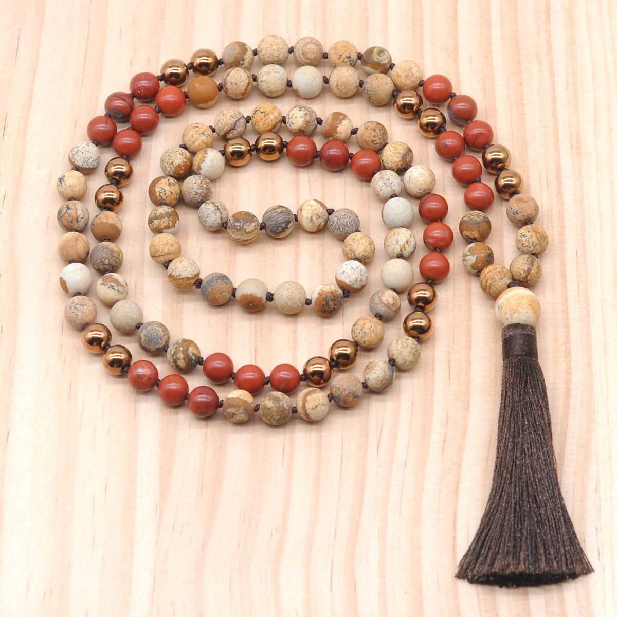 GMN356 Hand-Knotted Matte Picture Jasper, Red Jasper & Hematite 108 Beads Mala Necklace