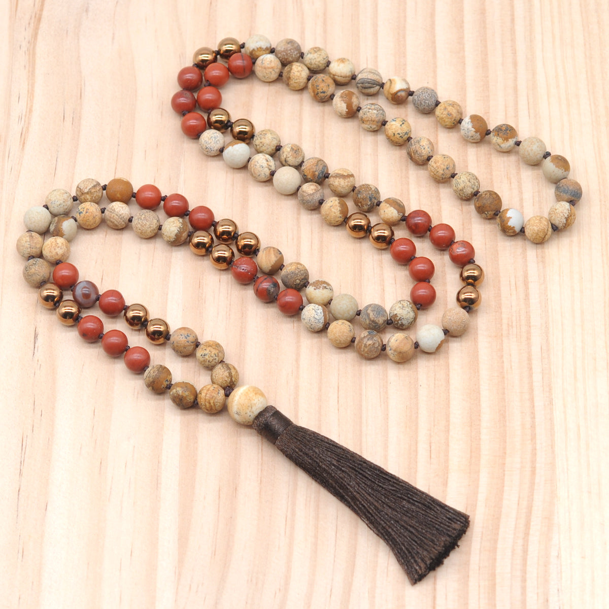 GMN356 Hand-Knotted Matte Picture Jasper, Red Jasper & Hematite 108 Beads Mala Necklace