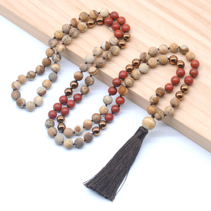 GMN356 Hand-Knotted Matte Picture Jasper, Red Jasper & Hematite 108 Beads Mala Necklace