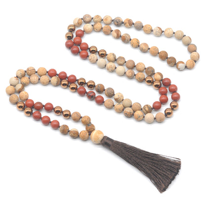 GMN356 Hand-Knotted Matte Picture Jasper, Red Jasper & Hematite 108 Beads Mala Necklace