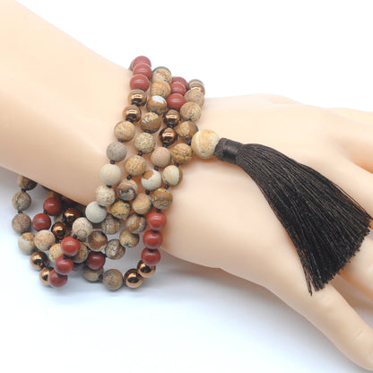 GMN356 Hand-Knotted Matte Picture Jasper, Red Jasper & Hematite 108 Beads Mala Necklace