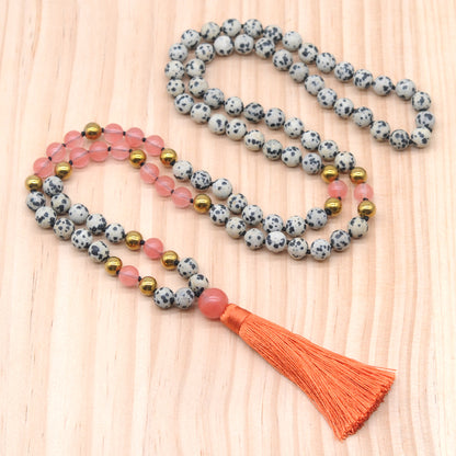 GMN357 Hand-Knotted Dalmatian Jasper, Cherry Quartz & Hematite 108 Beads Mala Necklace