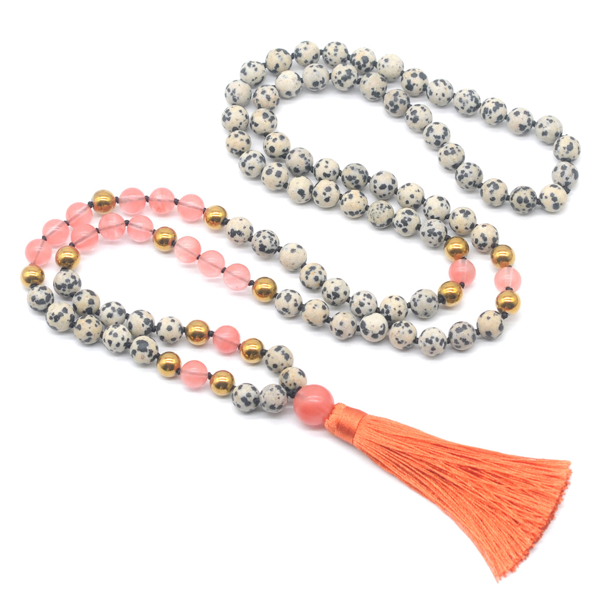 GMN357 Hand-Knotted Dalmatian Jasper, Cherry Quartz & Hematite 108 Beads Mala Necklace