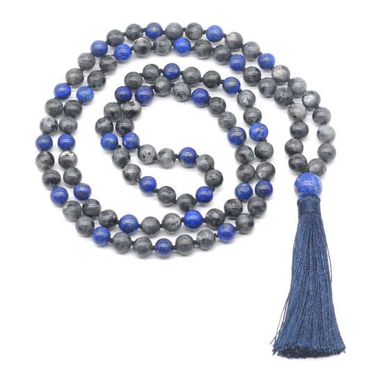 GMN358 Hand-Knotted Black Labradorite & Lapis Lazuli 108 Beads Mala Necklace