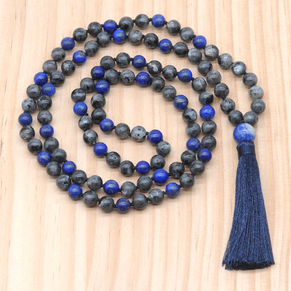 GMN358 Hand-Knotted Black Labradorite & Lapis Lazuli 108 Beads Mala Necklace