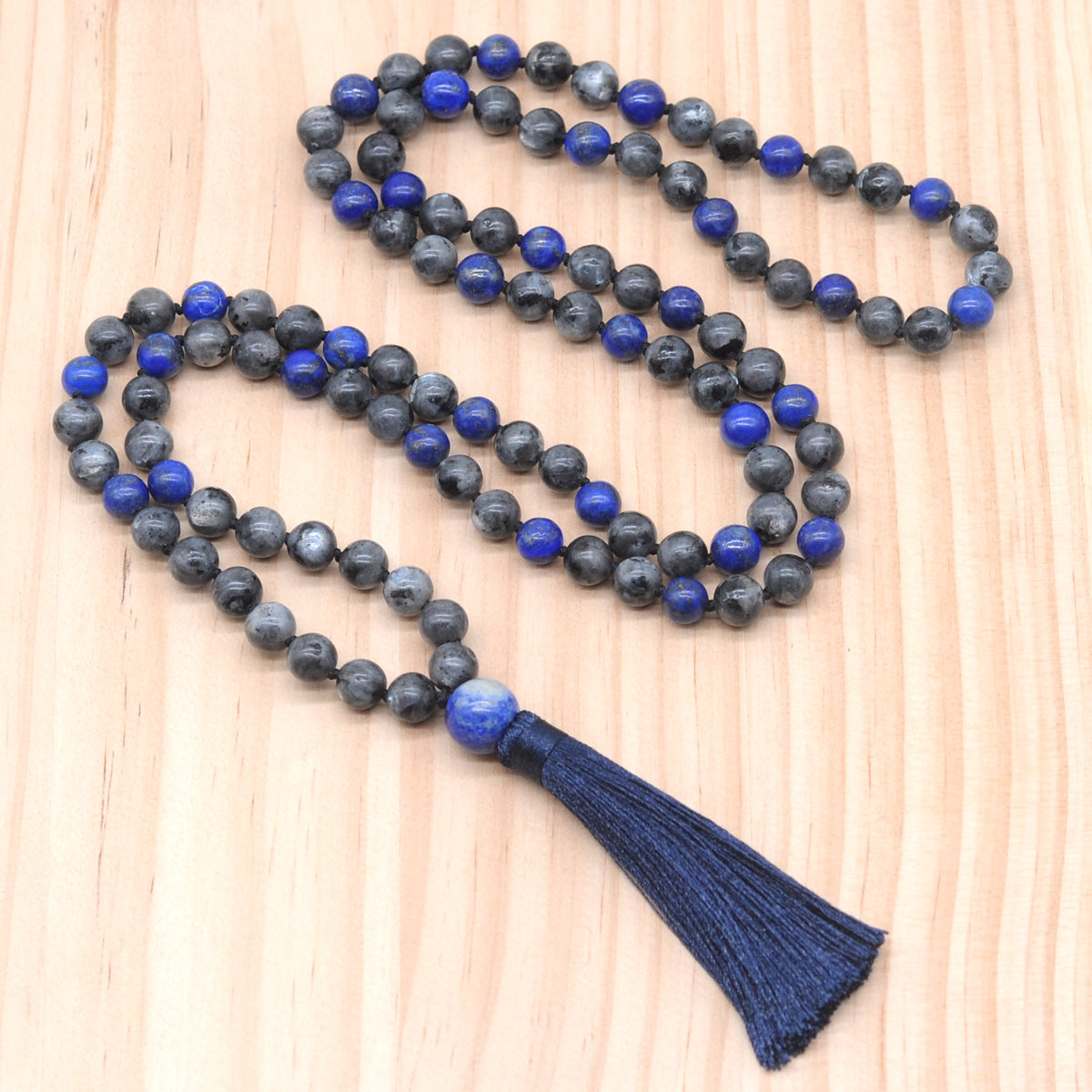 GMN358 Hand-Knotted Black Labradorite & Lapis Lazuli 108 Beads Mala Necklace