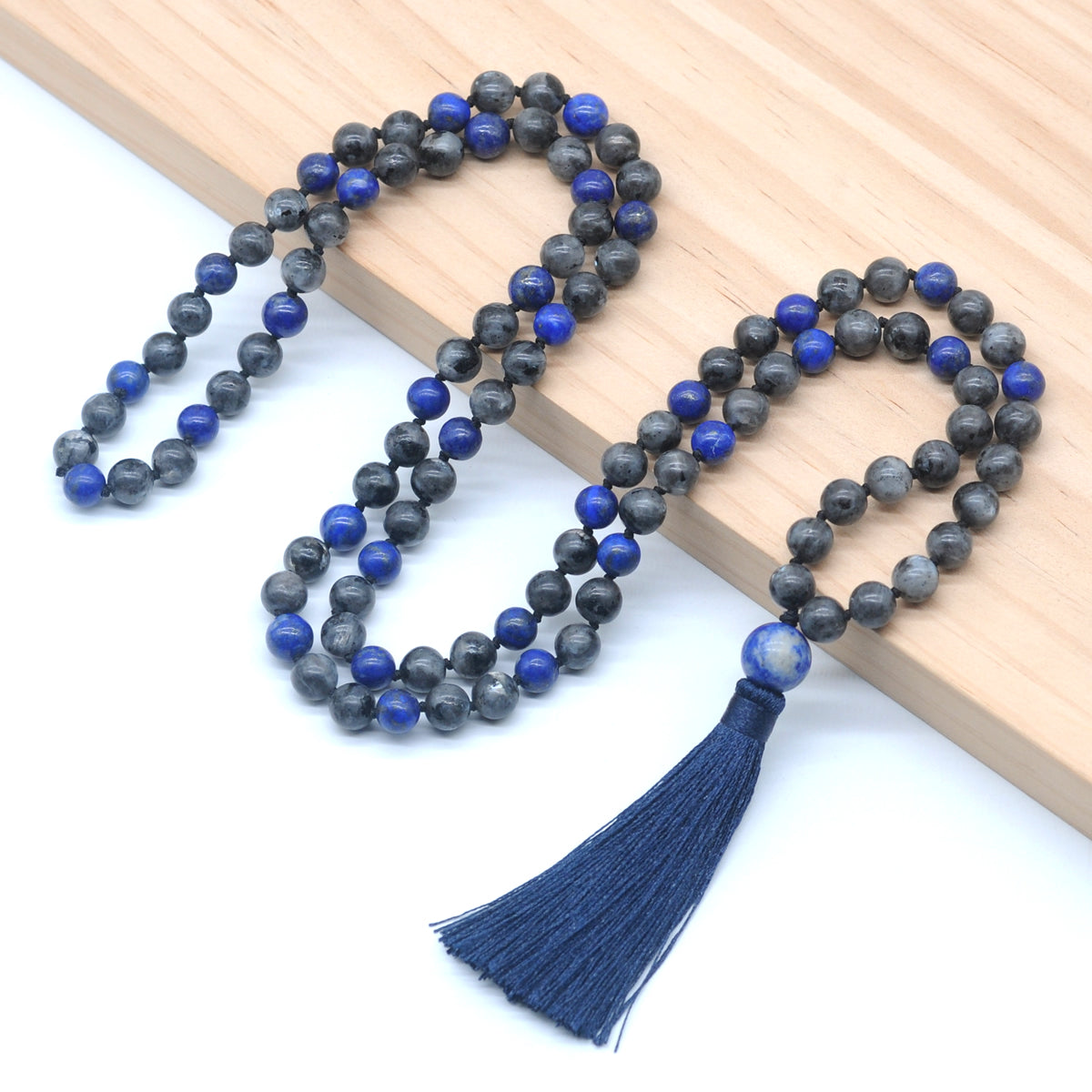 GMN358 Hand-Knotted Black Labradorite & Lapis Lazuli 108 Beads Mala Necklace