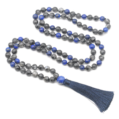 GMN358 Hand-Knotted Black Labradorite & Lapis Lazuli 108 Beads Mala Necklace