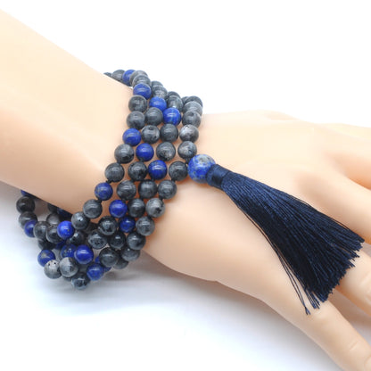 GMN358 Hand-Knotted Black Labradorite & Lapis Lazuli 108 Beads Mala Necklace