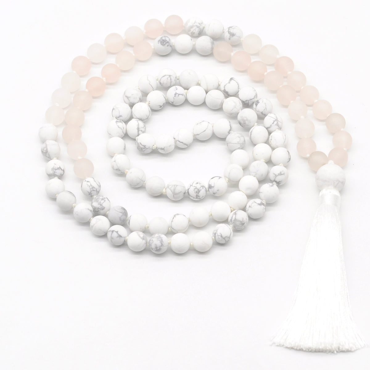 GMN359 Hand-Knotted Matte Rose Quartz & White Howlite 108 Beads Mala Necklace