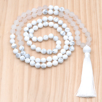 GMN359 Hand-Knotted Matte Rose Quartz & White Howlite 108 Beads Mala Necklace