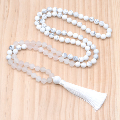 GMN359 Hand-Knotted Matte Rose Quartz & White Howlite 108 Beads Mala Necklace