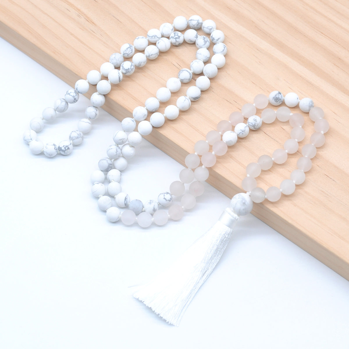 GMN359 Hand-Knotted Matte Rose Quartz & White Howlite 108 Beads Mala Necklace