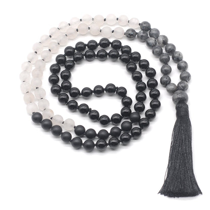 GMN360 Hand-Knotted Black Labradorite, Matte Rose Quartz & Black Agate 108 Beads Mala Necklace