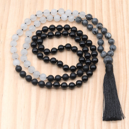 GMN360 Hand-Knotted Black Labradorite, Matte Rose Quartz & Black Agate 108 Beads Mala Necklace