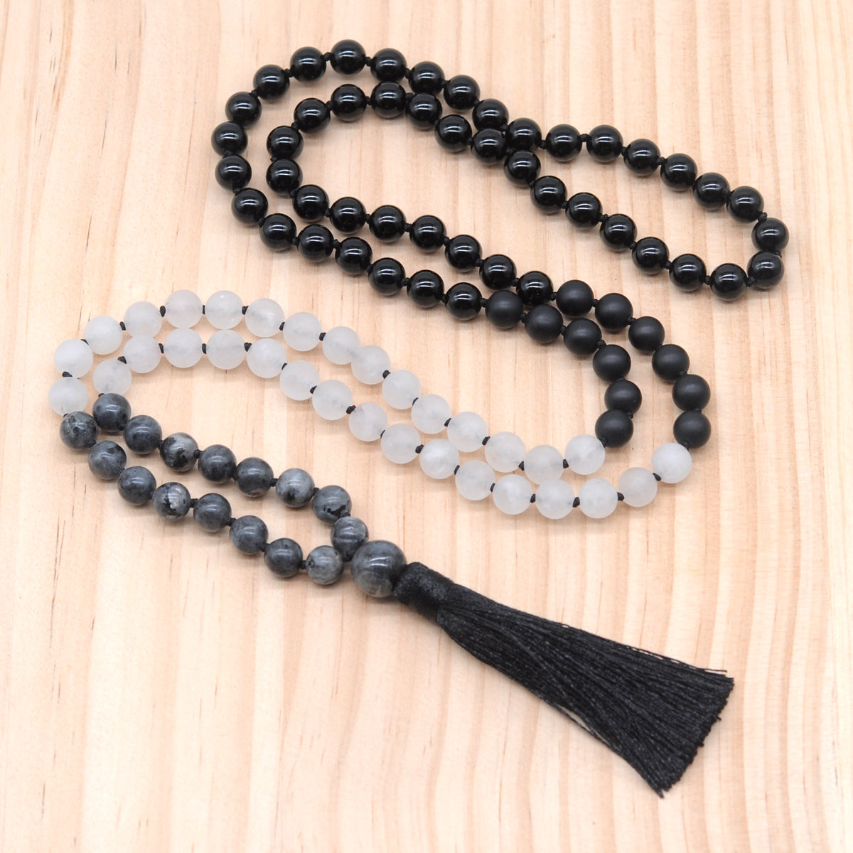 GMN360 Hand-Knotted Black Labradorite, Matte Rose Quartz & Black Agate 108 Beads Mala Necklace