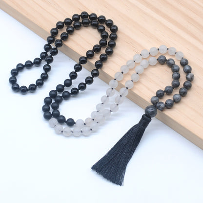 GMN360 Hand-Knotted Black Labradorite, Matte Rose Quartz & Black Agate 108 Beads Mala Necklace