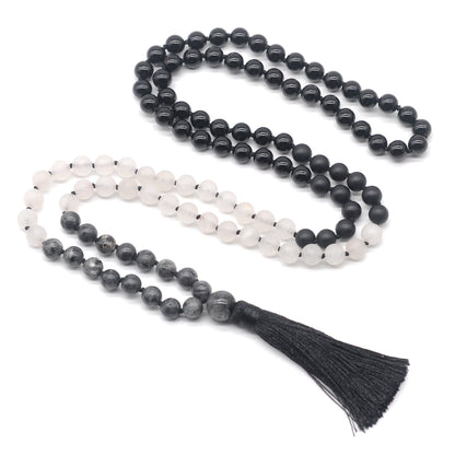 GMN360 Hand-Knotted Black Labradorite, Matte Rose Quartz & Black Agate 108 Beads Mala Necklace