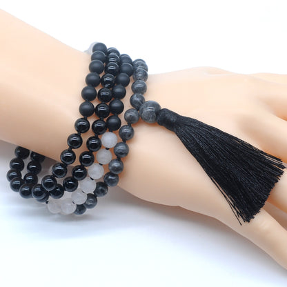 GMN360 Hand-Knotted Black Labradorite, Matte Rose Quartz & Black Agate 108 Beads Mala Necklace