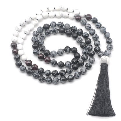 GMN361 Hand-Knotted Snowflake Obsidian, Matte White Howlite & Garnet 108 Beads Mala Necklace