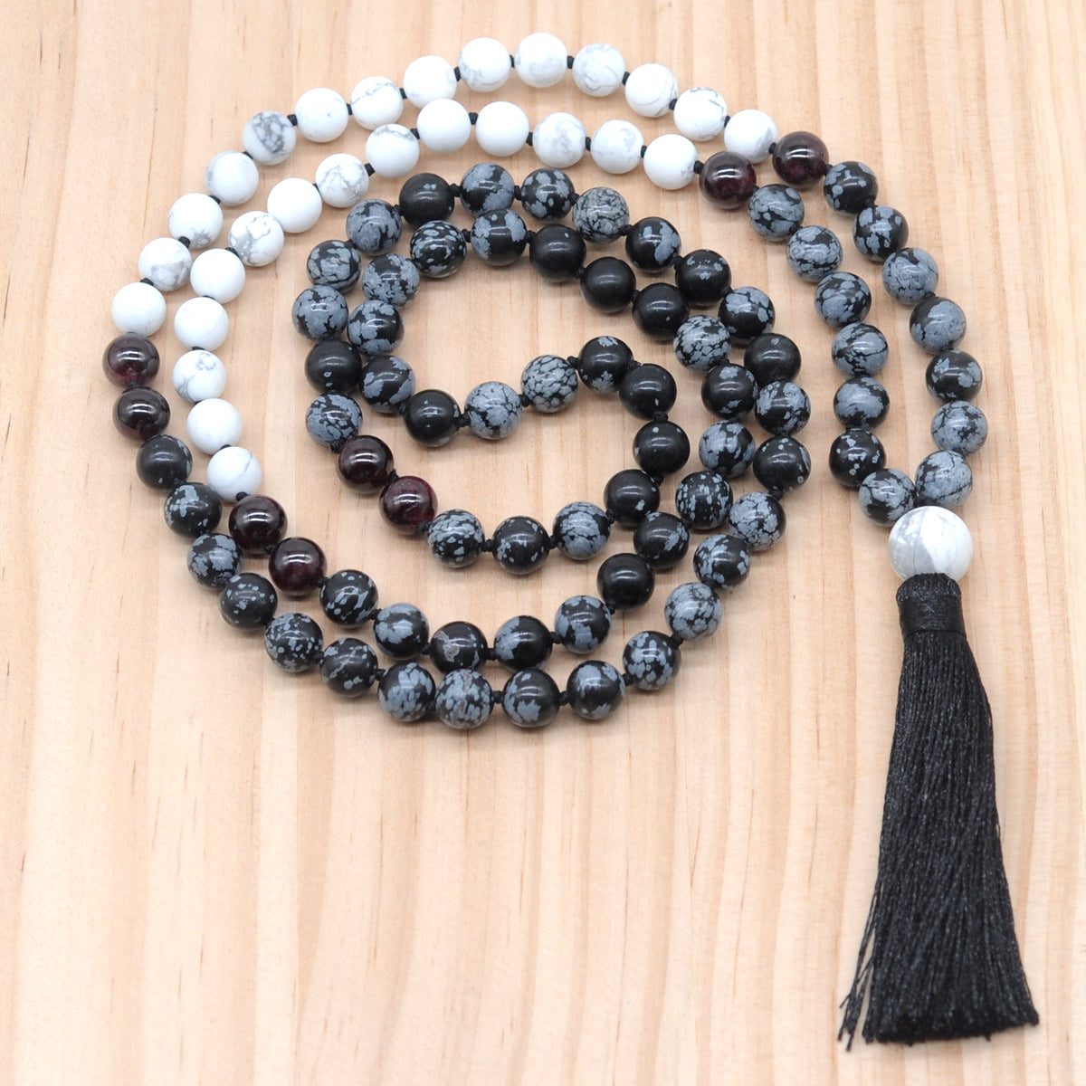 GMN361 Hand-Knotted Snowflake Obsidian, Matte White Howlite & Garnet 108 Beads Mala Necklace