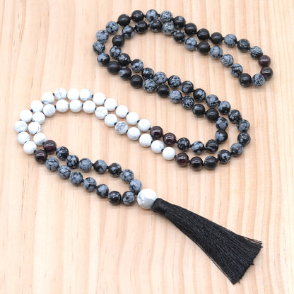 GMN361 Hand-Knotted Snowflake Obsidian, Matte White Howlite & Garnet 108 Beads Mala Necklace