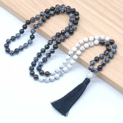 GMN361 Hand-Knotted Snowflake Obsidian, Matte White Howlite & Garnet 108 Beads Mala Necklace