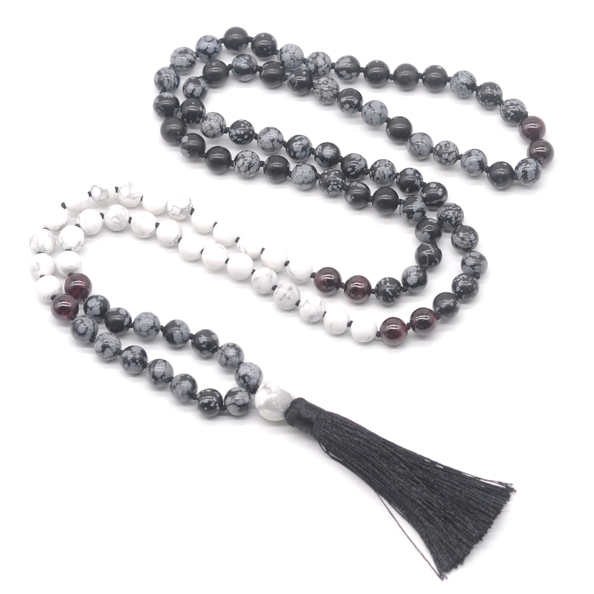 GMN361 Hand-Knotted Snowflake Obsidian, Matte White Howlite & Garnet 108 Beads Mala Necklace