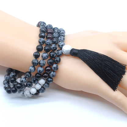 GMN361 Hand-Knotted Snowflake Obsidian, Matte White Howlite & Garnet 108 Beads Mala Necklace