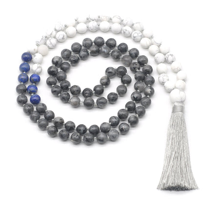 GMN362 Hand-Knotted Black Labradorite, Lapis Lazuli & Matte White Howlite 108 Beads Mala Necklace