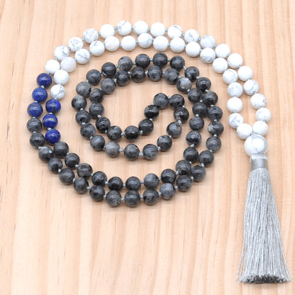 GMN362 Hand-Knotted Black Labradorite, Lapis Lazuli & Matte White Howlite 108 Beads Mala Necklace