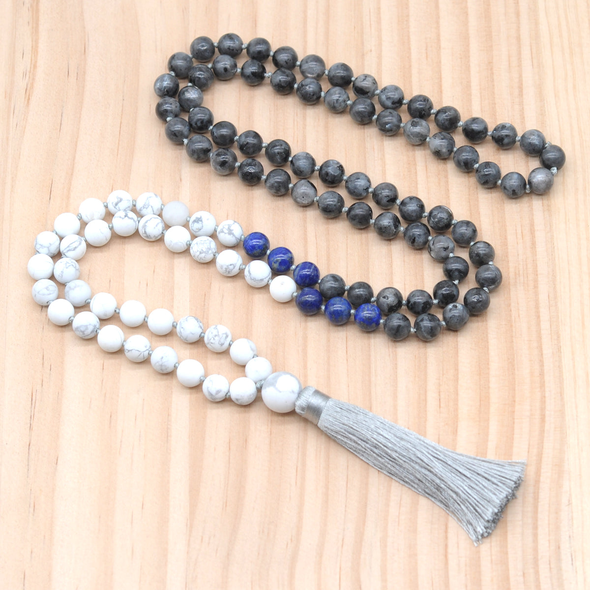 GMN362 Hand-Knotted Black Labradorite, Lapis Lazuli & Matte White Howlite 108 Beads Mala Necklace