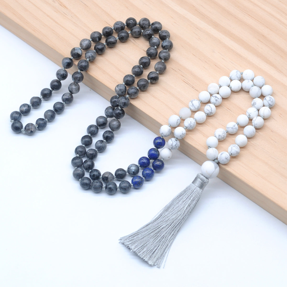 GMN362 Hand-Knotted Black Labradorite, Lapis Lazuli & Matte White Howlite 108 Beads Mala Necklace