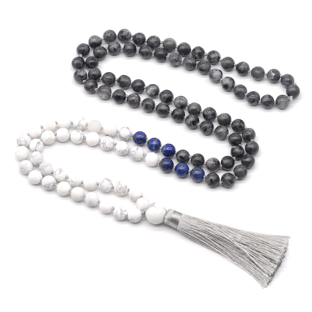 GMN362 Hand-Knotted Black Labradorite, Lapis Lazuli & Matte White Howlite 108 Beads Mala Necklace