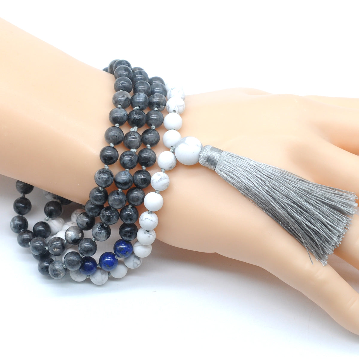 GMN362 Hand-Knotted Black Labradorite, Lapis Lazuli & Matte White Howlite 108 Beads Mala Necklace